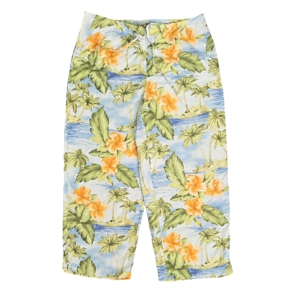 Tommy Bahama 100% Silk Tropical Floral Palm Cropped Pants Beachy Hawaii - Picture 1 of 9